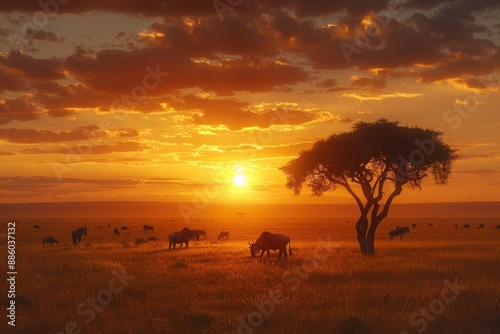 Serengeti Sunset A panoramic view of the African savanna at sunset, with a silhouette of acacia trees and grazing animals