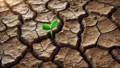 Green Sprout Emerging from Cracked Dry Earth.
