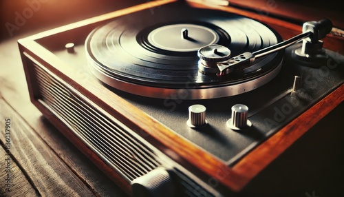 Vintage Record Player Close Up with Wooden Case. photo