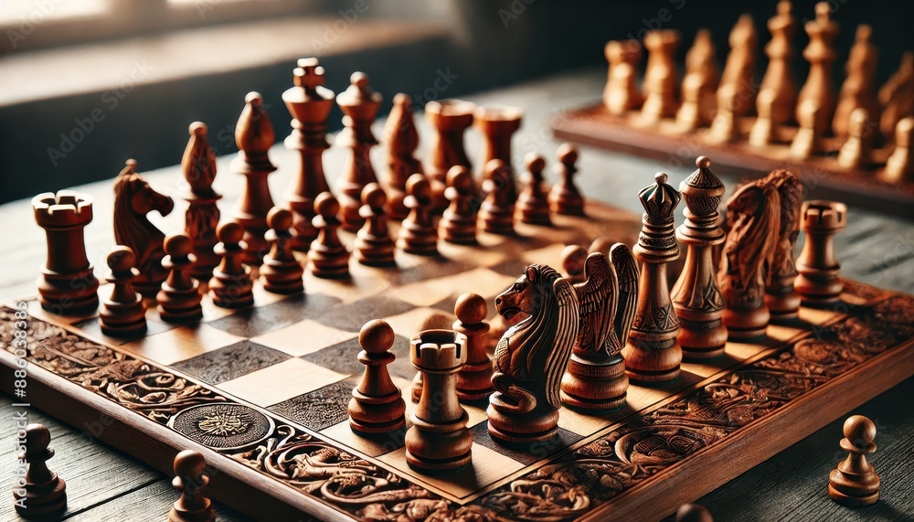 Intricately Carved Wooden Chess Set on a Ornate Board. Intricately Carved Wooden Chess Set on a Ornate Board.