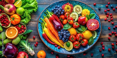 Fototapeta Naklejka Na Ścianę i Meble -  Vibrant healthy plate filled with colorful and textured fruits and vegetables, vibrant, healthy, plate, colorful, textured