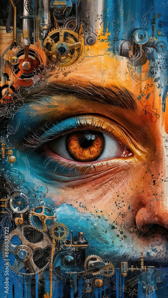 Vibrant Steampunk Artwork of a Human Eye with Fiery Blues and Oranges, Surrounded by Intricate Mechanical Gears, Abstract Doodles, and Watercolor Splashes Vibrant Steampunk Artwork of a Human Eye with Fiery Blues and Oranges, Surrounded by Intricate Mechanical Gears, Abstract Doodles, and Watercolor Splashes