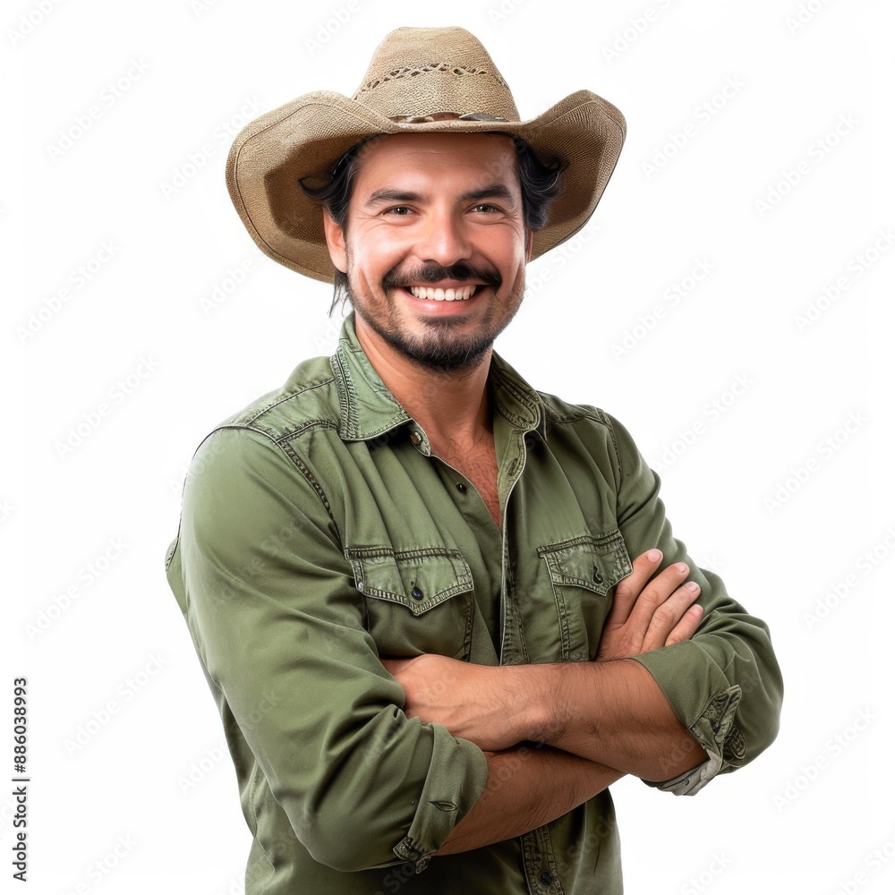 Brazilian man Farmer, brunette, green shirt, using a cowboy hat, smiling, arms crossed, looking for the camera, full body, white background Brazilian man Farmer, brunette, green shirt, using a cowboy hat, smiling, arms crossed, looking for the camera, full body, white background