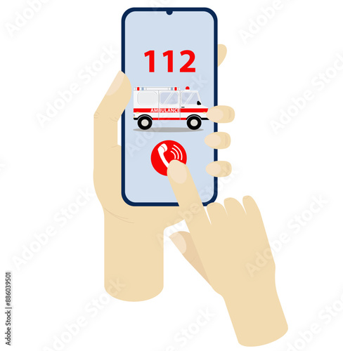 Ambulance call 112 on smartphone screen in hands. Flat illustration on white background. Concept for application, mobile site, business, medical center, emergency care, patient, hospital, hospital.