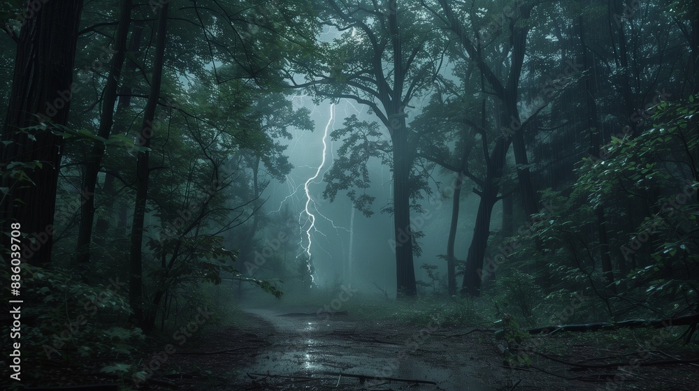 Fototapeta premium Dramatic scene of a lightning strike in a dark, misty forest. Rain-soaked trees and a wet path enhance the moody atmosphere.