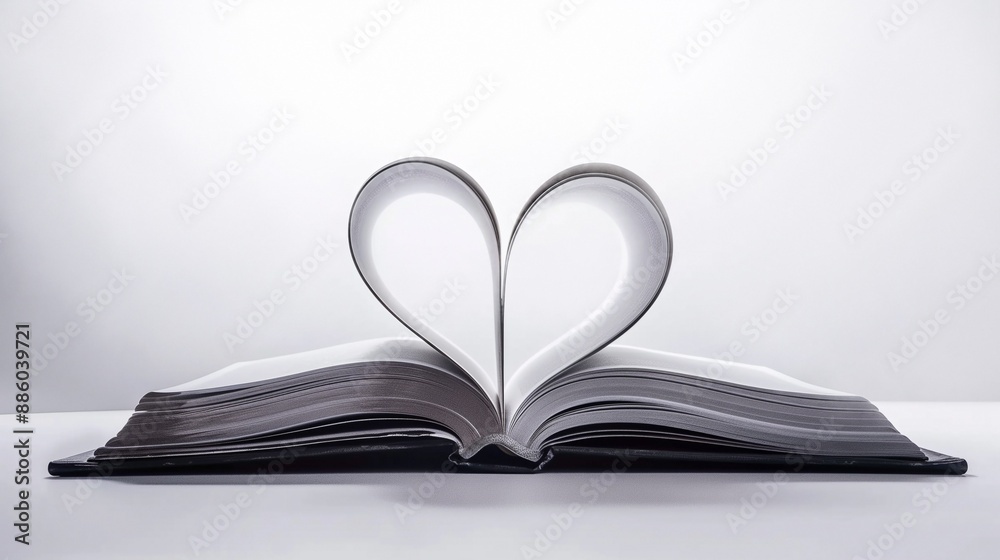 Open book with pages forming a heart shape, set against a clean white background Open book with pages forming a heart shape, set against a clean white background