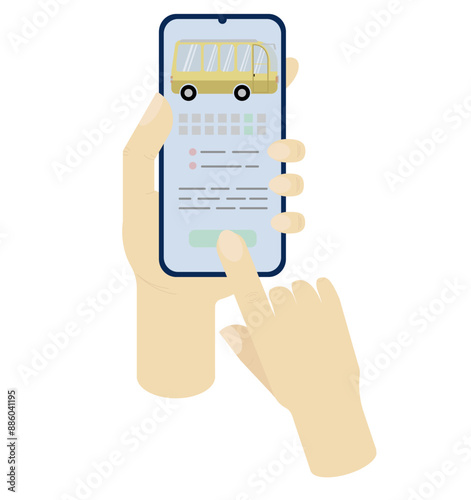 Bus schedule, ticket purchase on smartphone screen in hands on white background. Vector illustration. Concept for business, travel, travel agency, booking tickets, buying bus tickets, travel planning