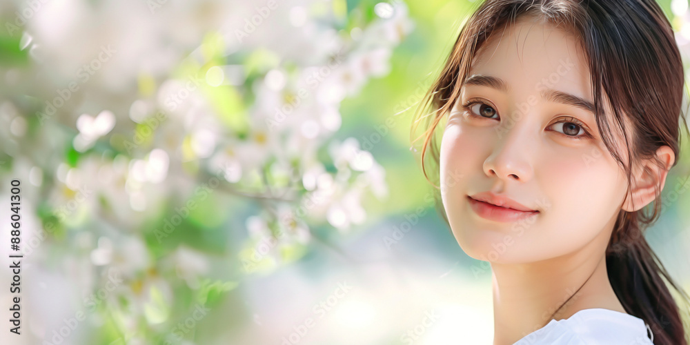 beauty skincare routine featuring an Asian young woman model, set against a soft focus background beauty skincare routine featuring an Asian young woman model, set against a soft focus background