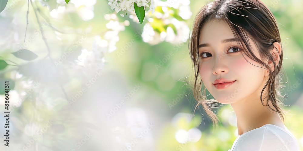 beauty skincare routine featuring an Asian young woman model, set against a soft focus background beauty skincare routine featuring an Asian young woman model, set against a soft focus background