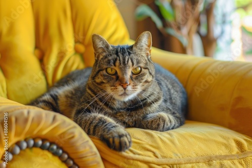 Wallpaper Mural Tabby cat is laying on a comfortable yellow velvet couch Torontodigital.ca