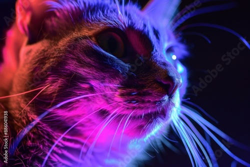 Cat illuminated by neon lights posing in the dark with a colorful background