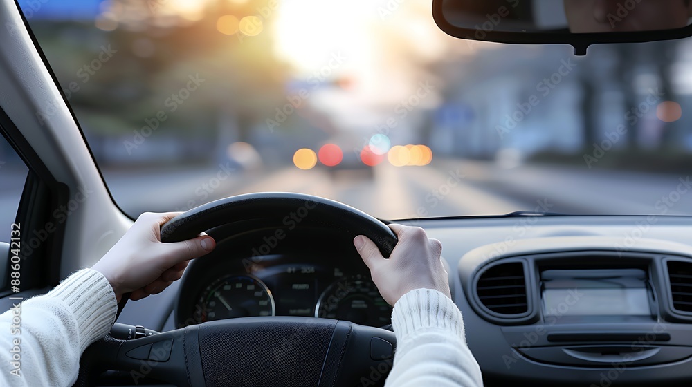 First-person perspective of driving car during sunrise, warm glare on dashboard First-person perspective of driving car during sunrise, warm glare on dashboard