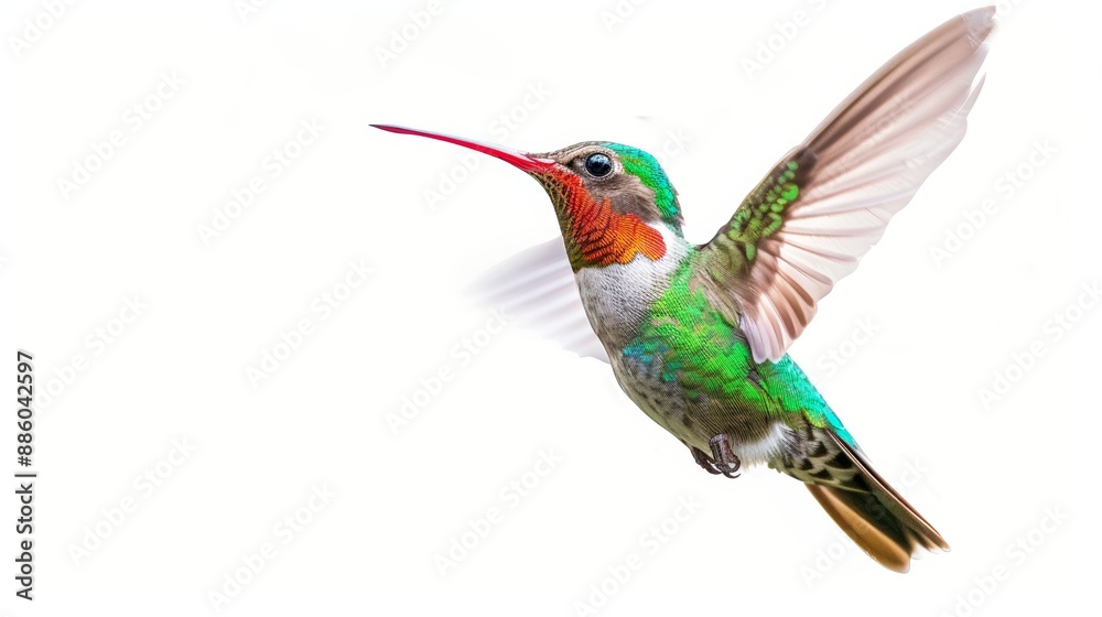 Obraz premium Broad Billed Hummingbird on a pure white background. Using different backgrounds the bird becomes more interesting and can easily be isolated for a project. These birds are native to Mexico.