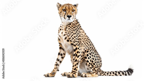 African cheetah sitting and looking into camera. Isolated on white. photo