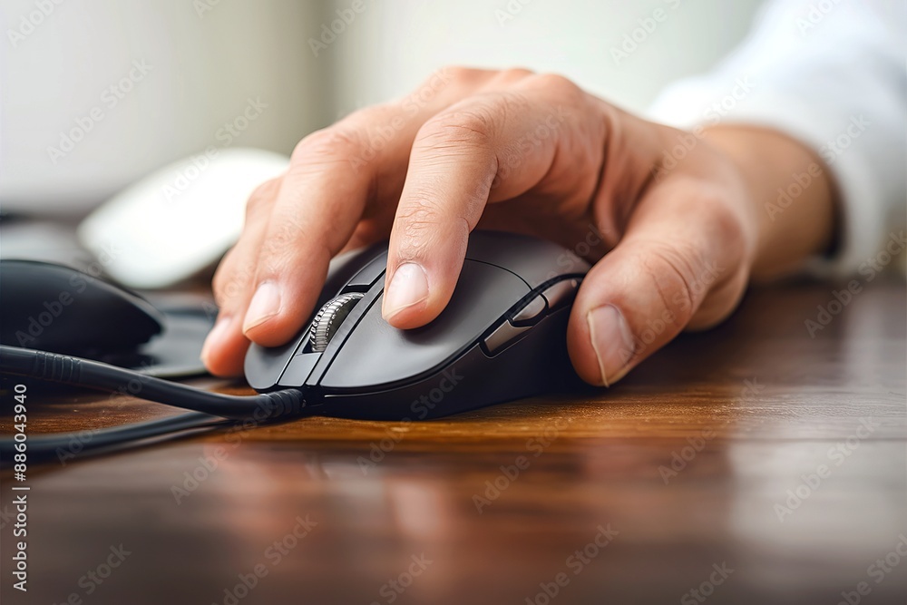 close up of hand with computer mouse on blurred background close up of hand with computer mouse on blurred background