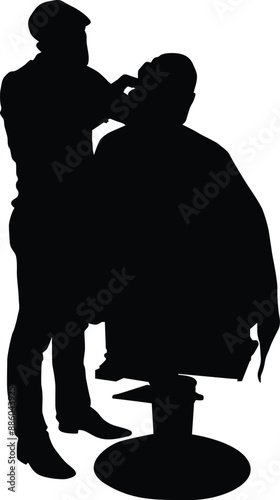 Barber silhouette full body illustration. Barber man do shaving to his customer.