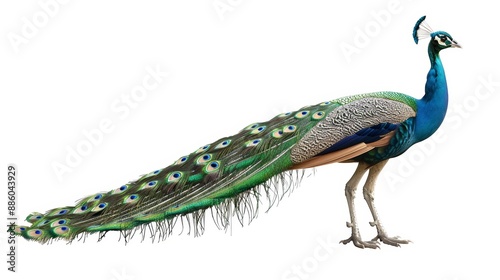 Green peacock standing isolated on white background..