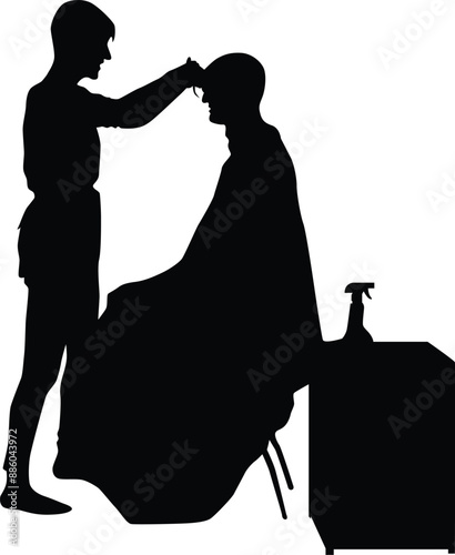Barber silhouette full body illustration. Barber man do shaving to his customer.