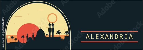 Alexandria city retro style vector banner with skyline, cityscape. Egypt vintage horizontal illustration. Travel long layout for web, presentation, header, footer, infographics