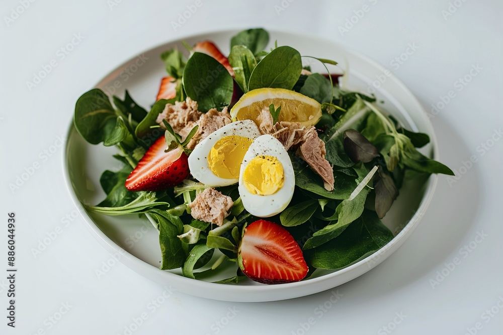 Closeup of plate of spring mix salad with strawberry, eggs and tuna Closeup of plate of spring mix salad with strawberry, eggs and tuna