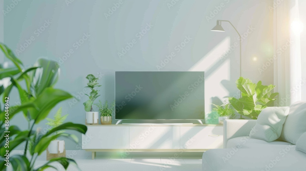 Bright living room with a large TV, indoor plants, and modern minimalist decor. Ideal for home decor and interior design themes. Bright living room with a large TV, indoor plants, and modern minimalist decor. Ideal for home decor and interior design themes.
