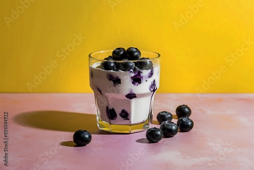 blueberry yogurt in glass and on a table on yellow background