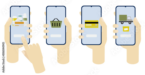 Pills, medicines, bank card, delivery truck, box on smartphone screen in hands on white background. Concept for pharmaceutical companies, app, pharmacies, online ordering, medication delivery.