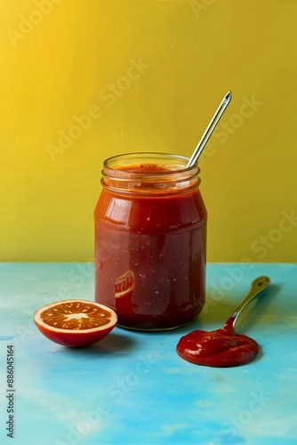 tomato sauce in metal bank and on a table on yellow background photo