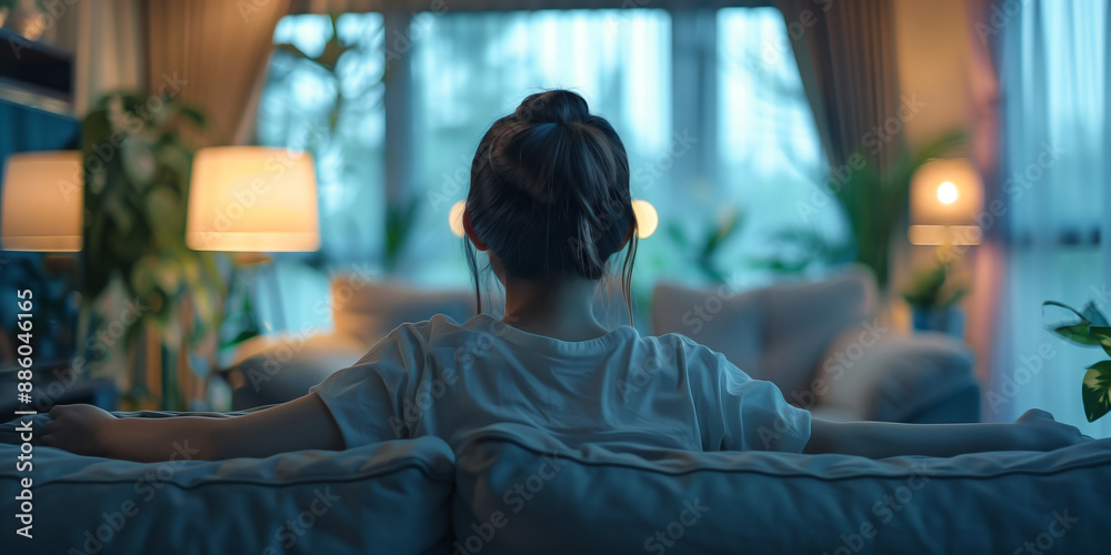 an Asian woman relaxing on a comfortable sofa couch at home an Asian woman relaxing on a comfortable sofa couch at home