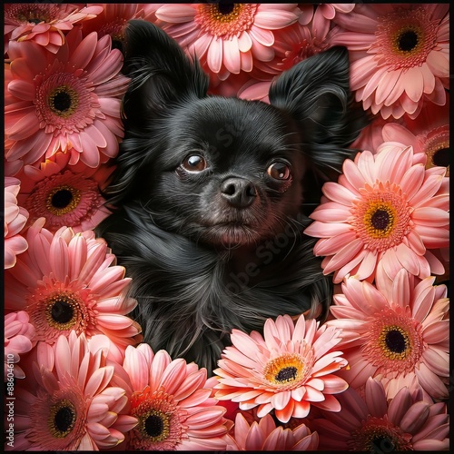 Small black dog resting in a bed of pink flowers photo