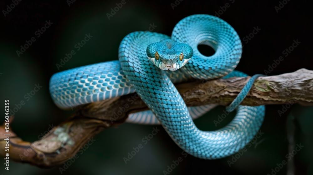 Fototapeta premium Title Close up shot of female blue white lipped Island pit viper snake Trimeresurus insularis hanging on a branch with bokeh background