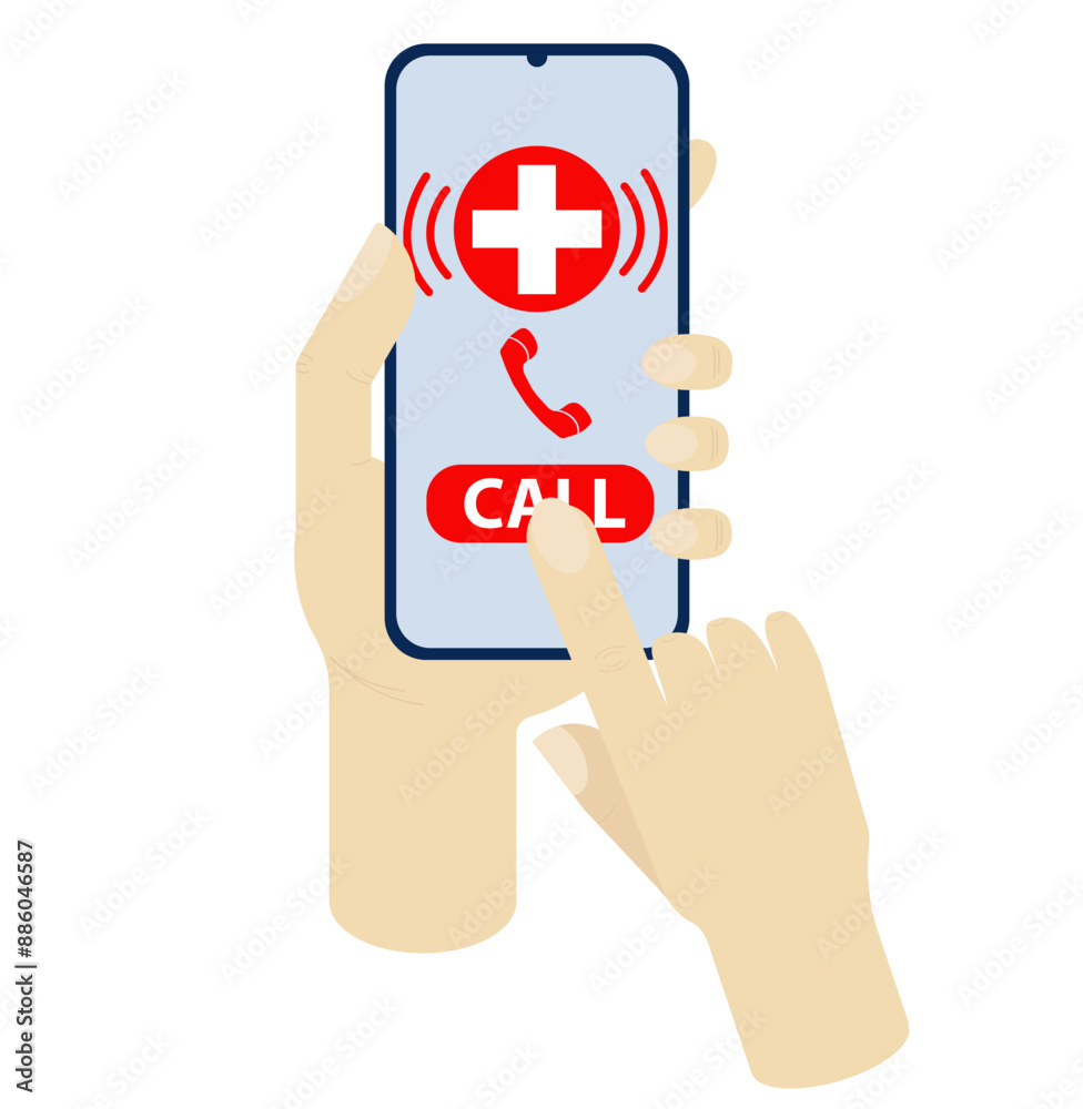 Ambulance call on smartphone screen in hands. Flat illustration on white background. Concept for application, mobile site, business, medical center, emergency care, patient, hospital, hospital. Ambulance call on smartphone screen in hands. Flat illustration on white background. Concept for application, mobile site, business, medical center, emergency care, patient, hospital, hospital.