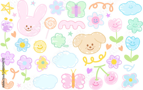 Doodle illustration of bunny, puppy, butterfly, flower, clover leaf, cloud, cherry, candy, star for cartoon character, cute patches, shirt print, plush toy, brooch, kid doll, animal, pet shop, vet, ad