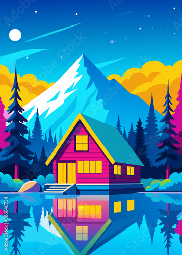 Cozy cabin by the lake under the starry sky: vector illustration.The tranquility of nature: a photo of a landscape with a cabin by the lake under the starry sky. Bright colors of the night: vector il