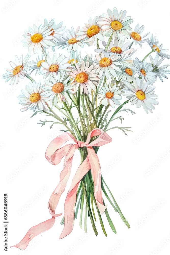 Fototapeta premium A bouquet of daisies tied with a pink ribbon, illustrated with delicate lines and soft colors. The image exudes a sense of freshness and simplicity
