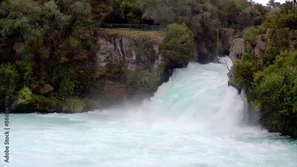 Water rages wildly in the river, The Huka Falls, Waikato River Water rages wildly in the river, The Huka Falls, Waikato River