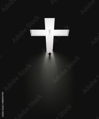 Foto The meeting between a Christian and Jesus Christ standing in front of the bright