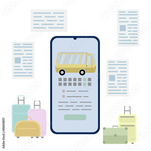 Yellow, passenger bus on a smartphone screen on white background around which are suitcases and tickets. Vector illustration in slit flat isolated.Design for travel, ticket booking concepts
