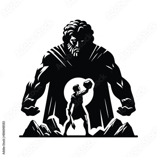 David and Goliath, Show David with stones in hand unwavering resolve facing the towering Goliath, in flat illustration