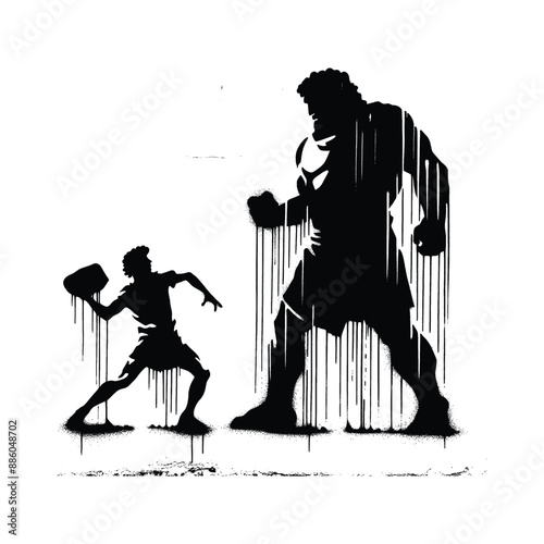 David and Goliath, Show David with stones in hand unwavering resolve facing the towering Goliath, in flat illustration