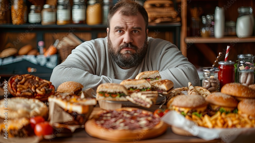 overweight man in the background of unhealthy food, obesity concept overweight man in the background of unhealthy food, obesity concept