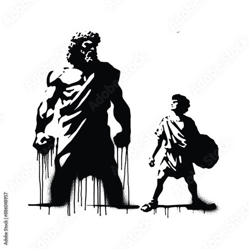 David and Goliath, Show David with stones in hand unwavering resolve facing the towering Goliath, in flat illustration