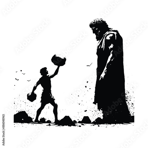 David and Goliath, Show David with stones in hand unwavering resolve facing the towering Goliath, in flat illustration