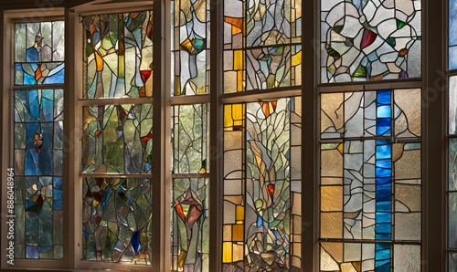 Creative Stained Glass Artist Designs Intricate Windows, Playing with Light and Color. Bright Studio with Glass Shards, Lead Cames, and Completed Windows.