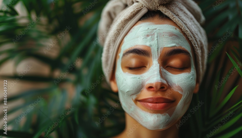 Woman with brightening face mask and serene expression, spa healthy skin, glow enhancing treatment Woman with brightening face mask and serene expression, spa healthy skin, glow enhancing treatment