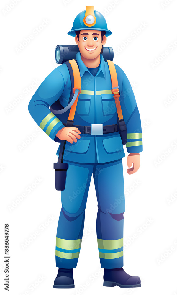 Firefighter in full gear with helmet and hose smiling while standing Firefighter in full gear with helmet and hose smiling while standing