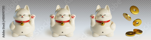 Maneki-neko lucky cats set isolated on transparent background. Vector realistic illustration of cute ceramic beckoning kitty toys with nice smile, golden coins, traditional asian mascot, wealth symbol