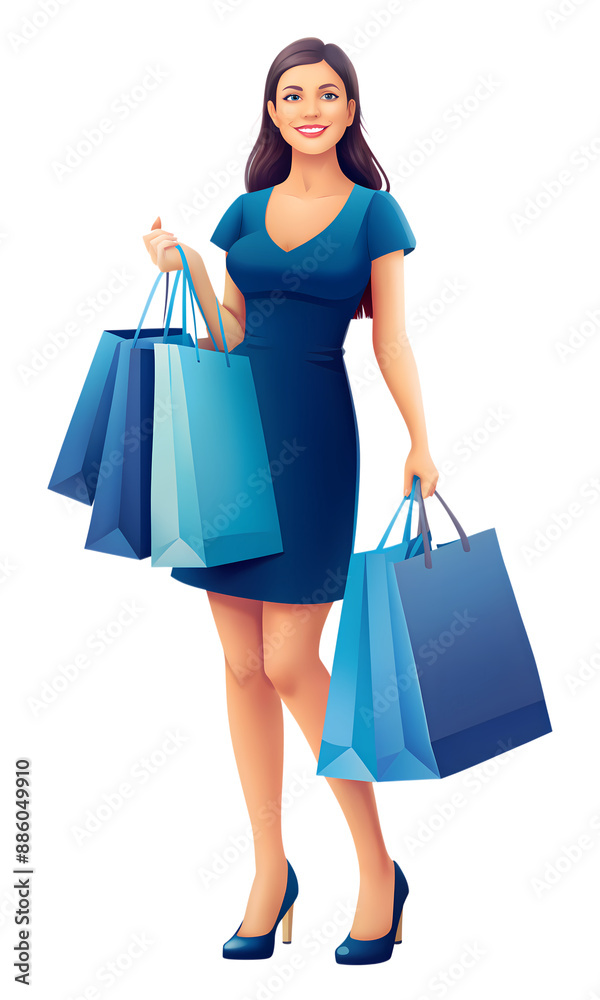 Young woman with curly hair holding multiple shopping bags in both hands, dressed in a yellow shirt and blue jeans, smiling joyfully while standing against a transparent background Young woman with curly hair holding multiple shopping bags in both hands, dressed in a yellow shirt and blue jeans, smiling joyfully while standing against a transparent background