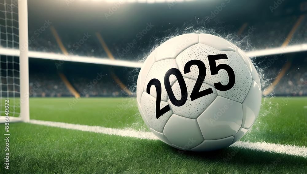happy new 2025 year soccer themed, football background, sport concept, template, soccer field