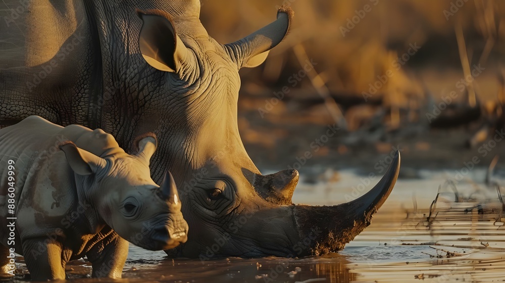 Fototapeta premium Mother and baby rhino getting ready to drink